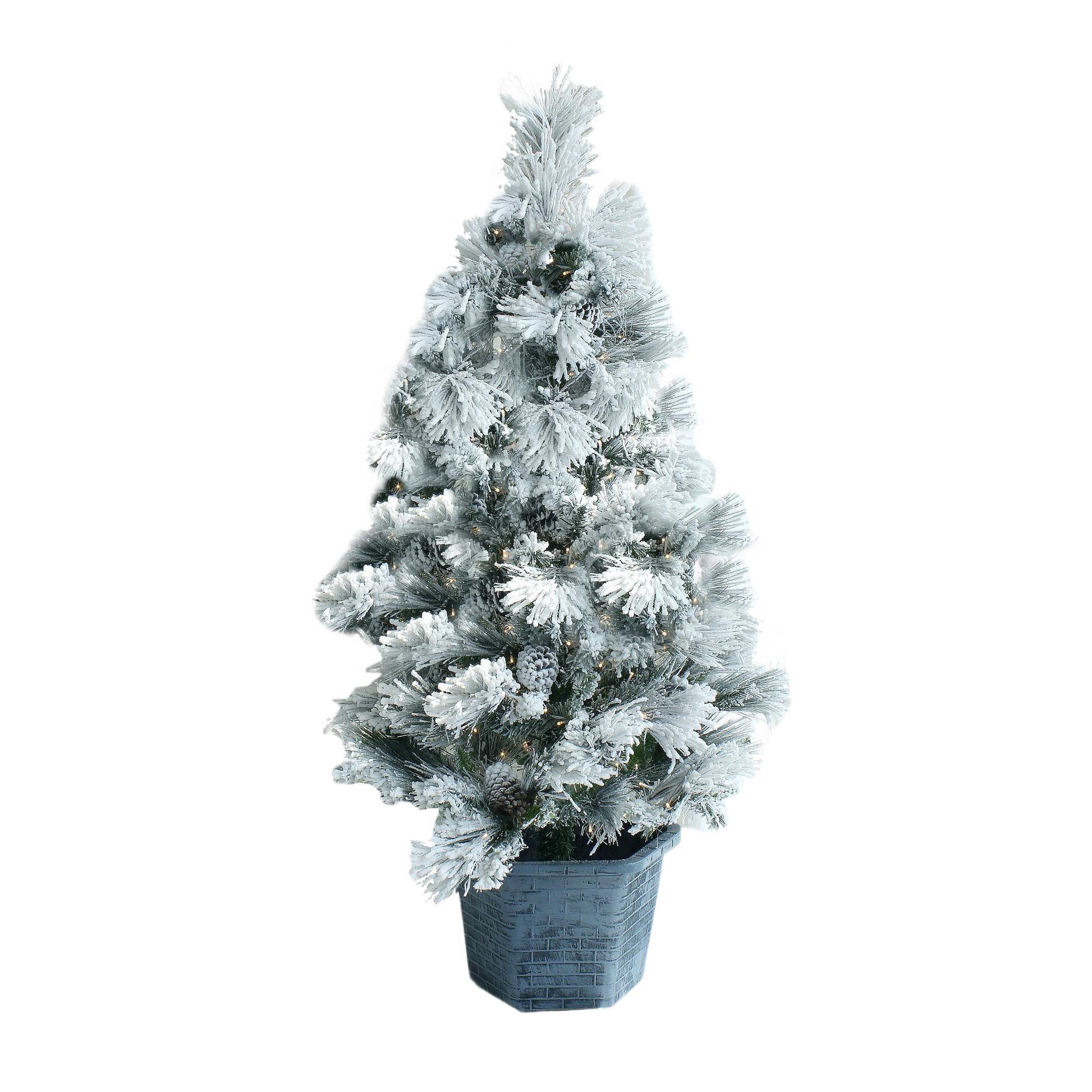 5-foot potted Christmas tree with flocked snow effect and built-in LED lights for festive holiday décor collections