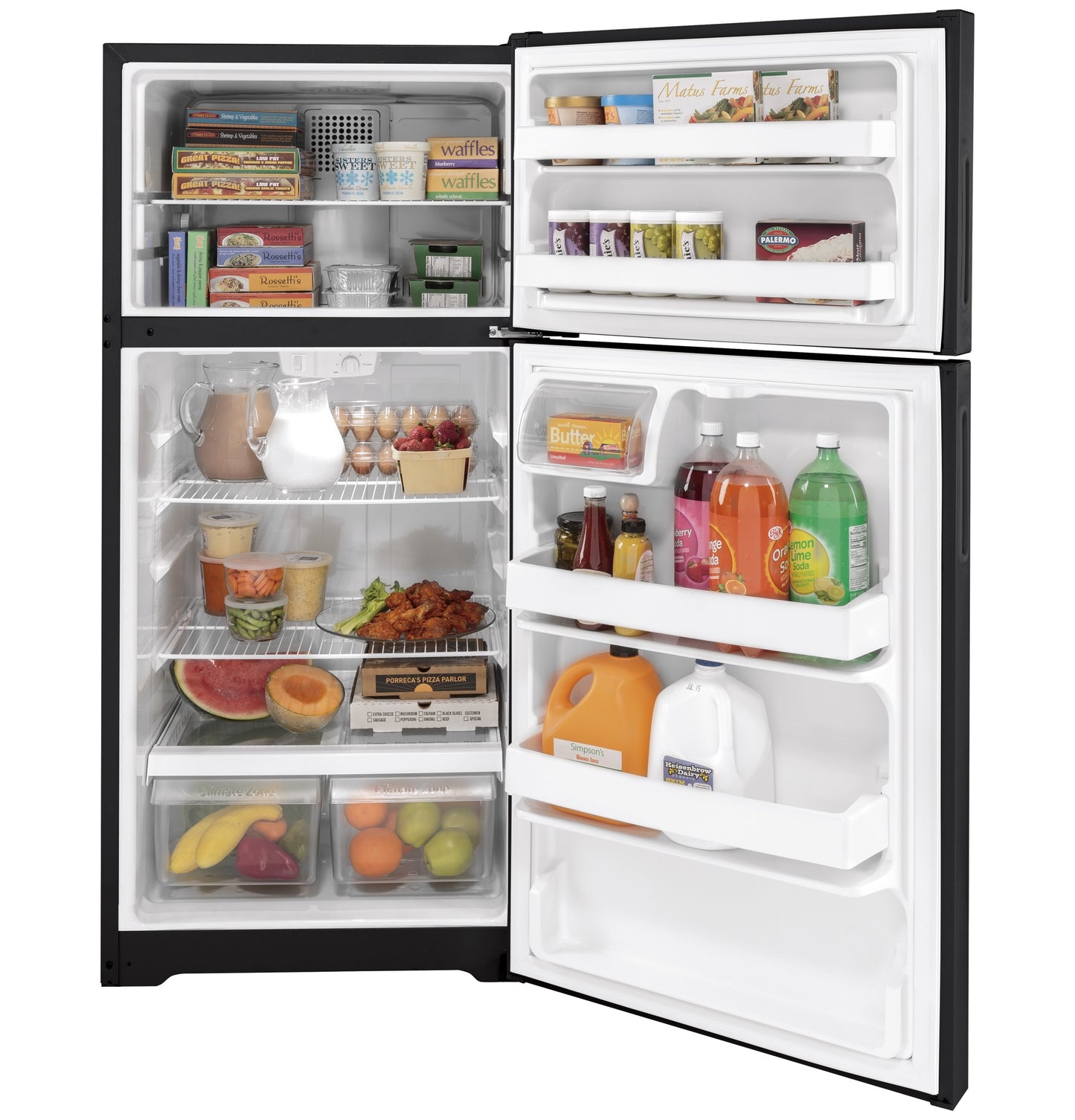 Open black top-freezer refrigerator with organized fresh foods and beverages in kitchen and appliance collection
