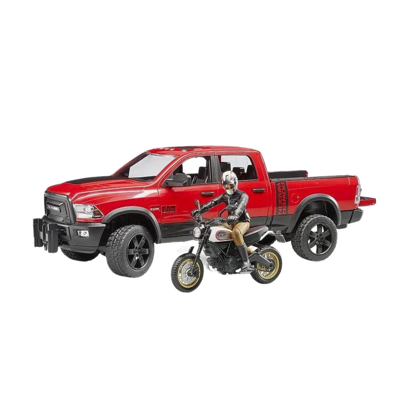 Bruder RAM 2500 Power Wagon with Ducati Desert Sled Motorcycle & Rider