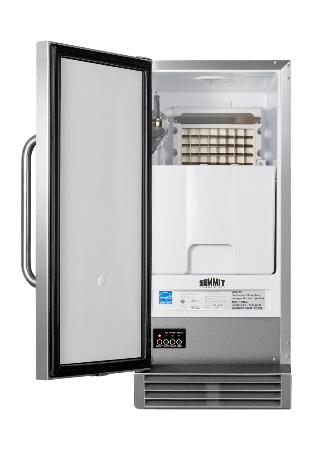 Open clear icemaker with stainless steel exterior, right-hand door swing, front ventilation, and internal ice tray, part of Refrigerators and Kitchen & Kitchenware collections.