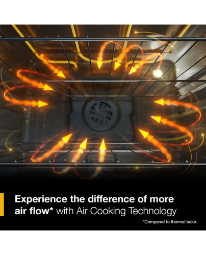 Top view inside electric smart range oven showing airflow pattern for even cooking with air cooking technology in appliances collection
