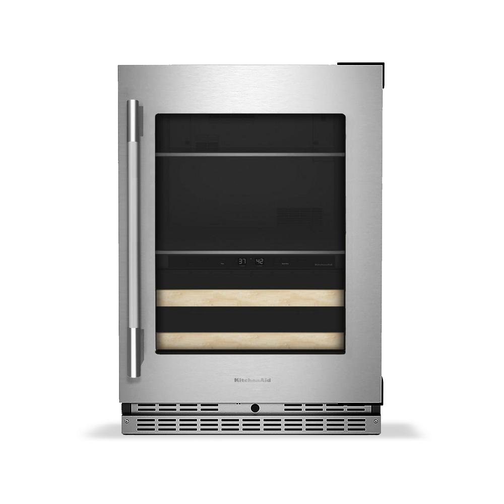 Stainless steel 24-inch beverage center with glass door and wood-front racks in KitchenAid appliances collection