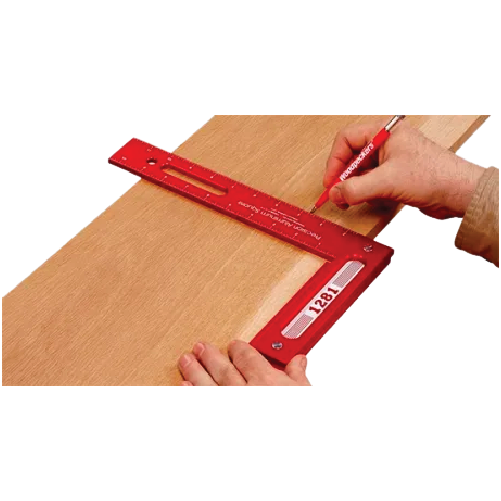 Red precision woodworking square measuring and marking lumber for home improvement and woodworking hand tools use