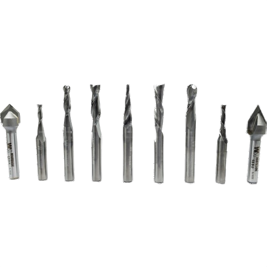 Set of nine silver CNC router bits for woodworking and power tool accessories in tool and drill bit collections