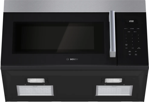 Black and stainless steel over-the-range microwave with left side opening door and digital control panel in Bosch appliances collection