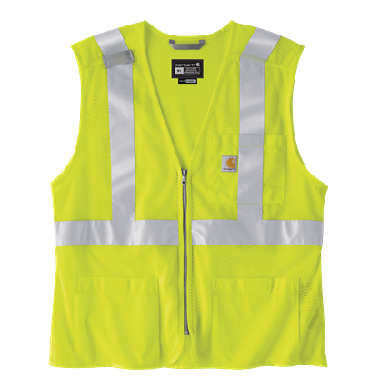 Bright yellow mesh safety vest with reflective stripes and multiple front pockets, designed for durability and visibility in men’s outerwear collections.