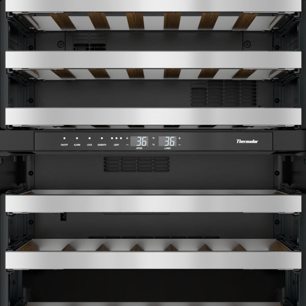 Interior of stainless steel wine cooler with wooden racks, digital temperature display, and Thermador branding from appliances collection