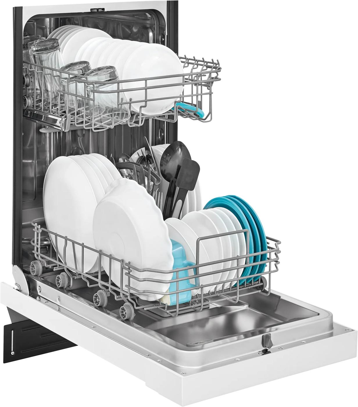 Open 18-inch built-in dishwasher filled with white and blue plates and kitchen utensils from dishwashers collection