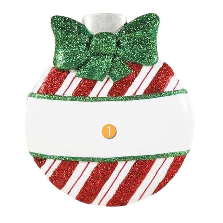 Round Christmas ornament with red and white stripes, green glitter bow, and blank area for personalization under $50 collection