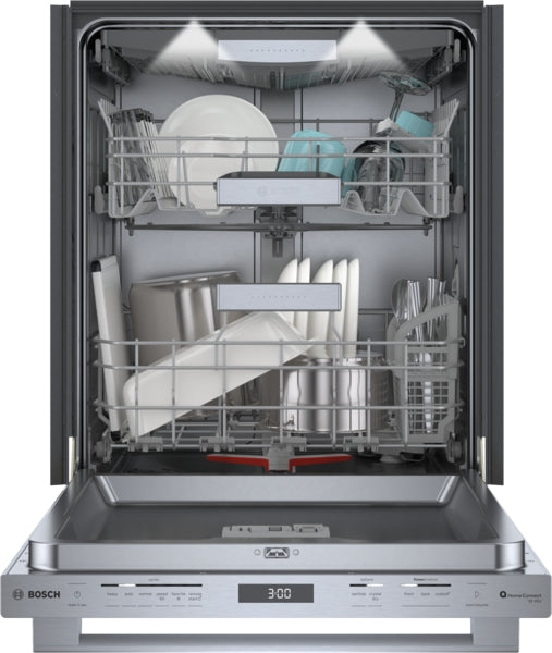 Open stainless steel dishwasher with loaded racks containing dishes and kitchenware from Bosch appliances collection