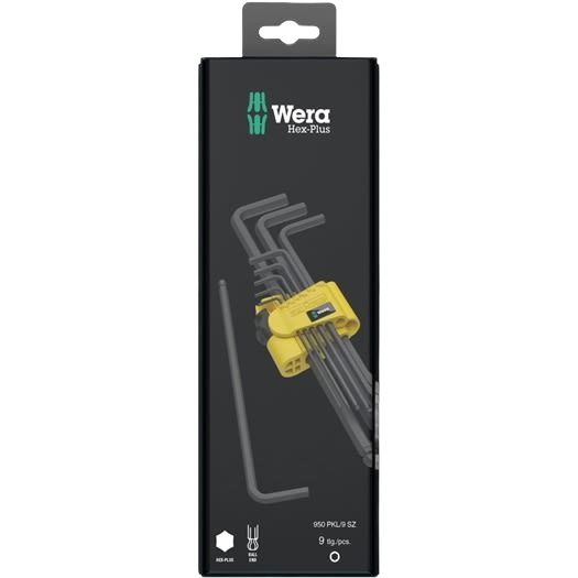 Set of nine SAE L-shaped hex keys with yellow holder for home improvement and professional tool use