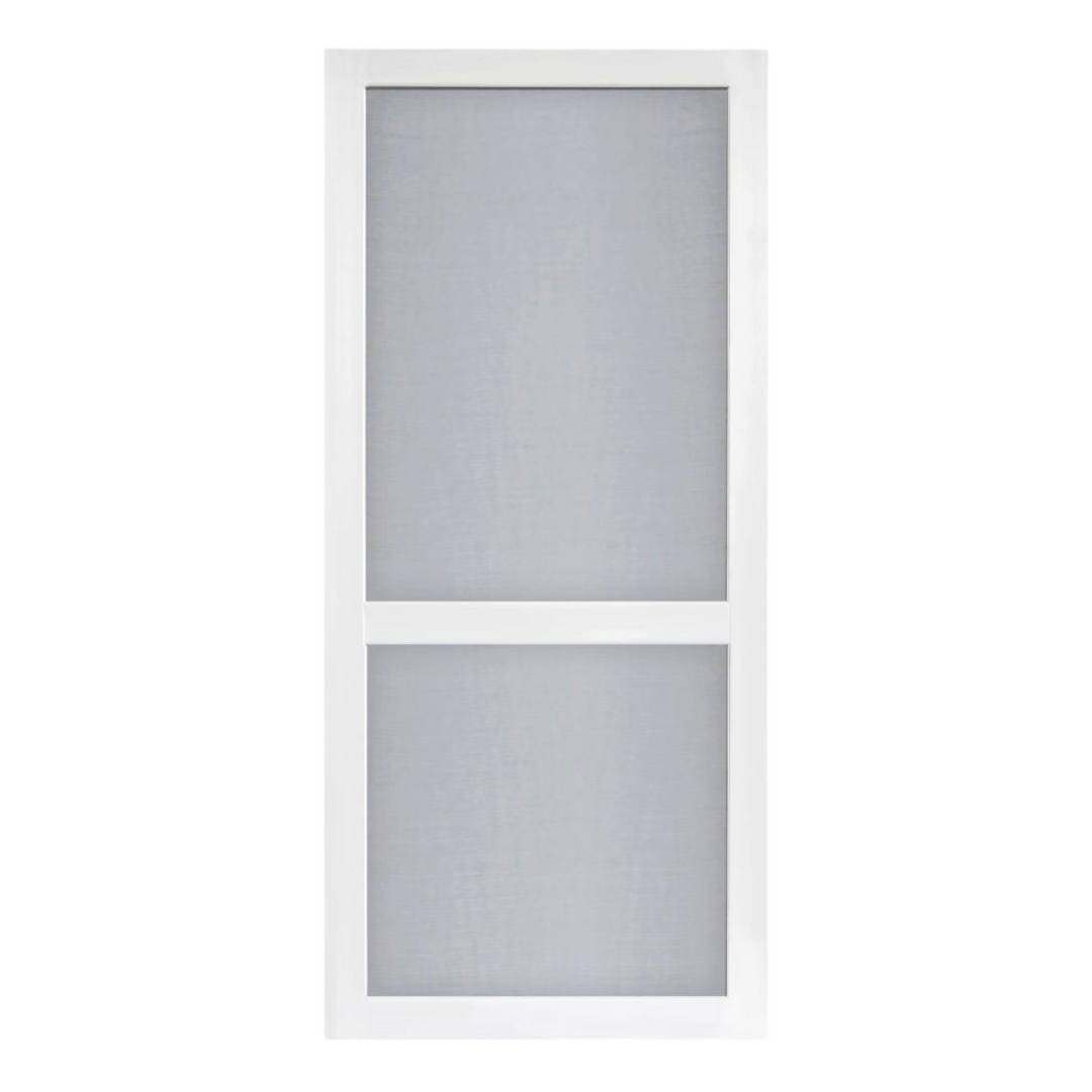 White solid vinyl screen door with durable frame and mesh panel for home improvement exterior use