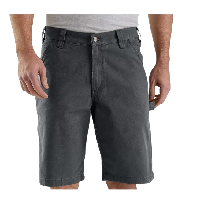 Men’s relaxed fit charcoal Rigby dungaree shorts with Rugged Flex stretch in durable cotton-spandex canvas
