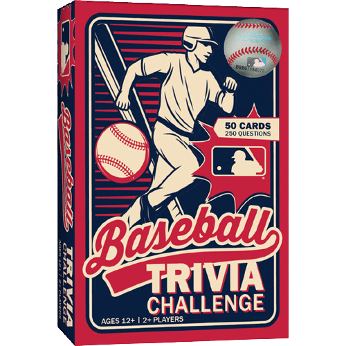 Baseball trivia game box with vintage style player illustration featuring 50 cards and 250 quiz questions for ages 12+