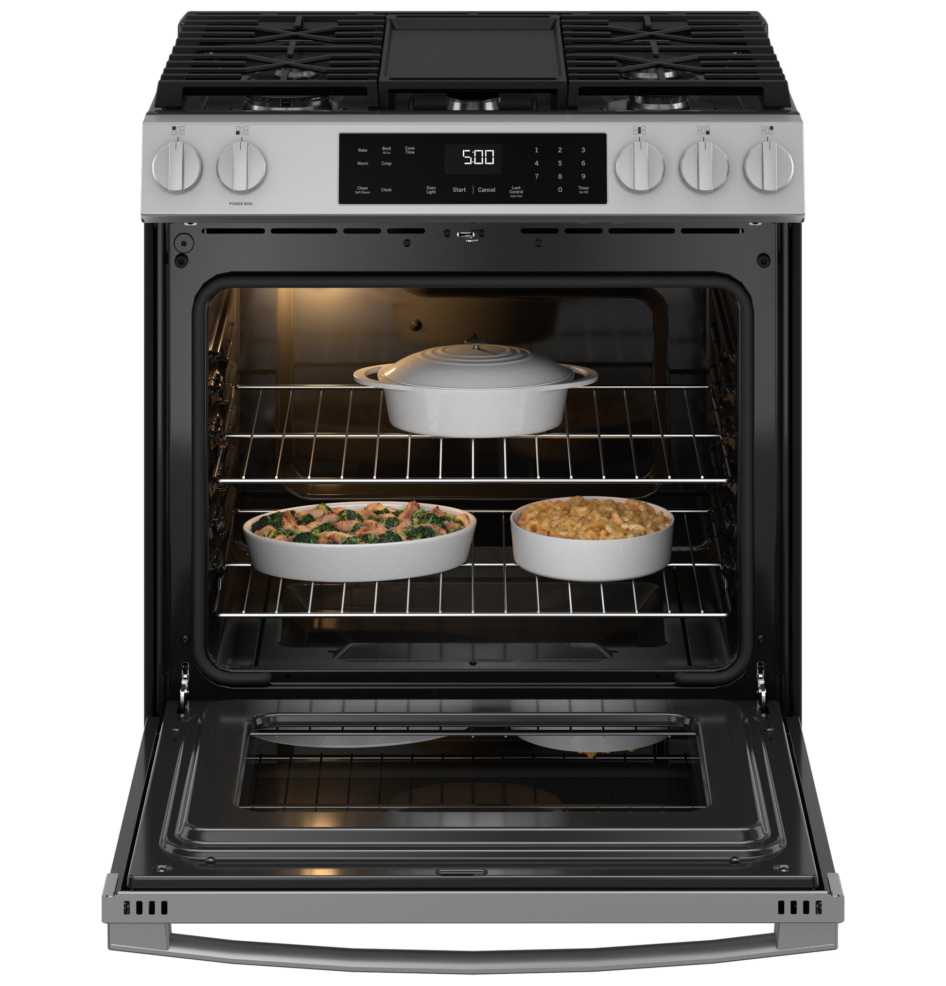Open stainless steel slide-in front-control gas range with digital display and food inside oven racks from Kitchen & Kitchenware collections