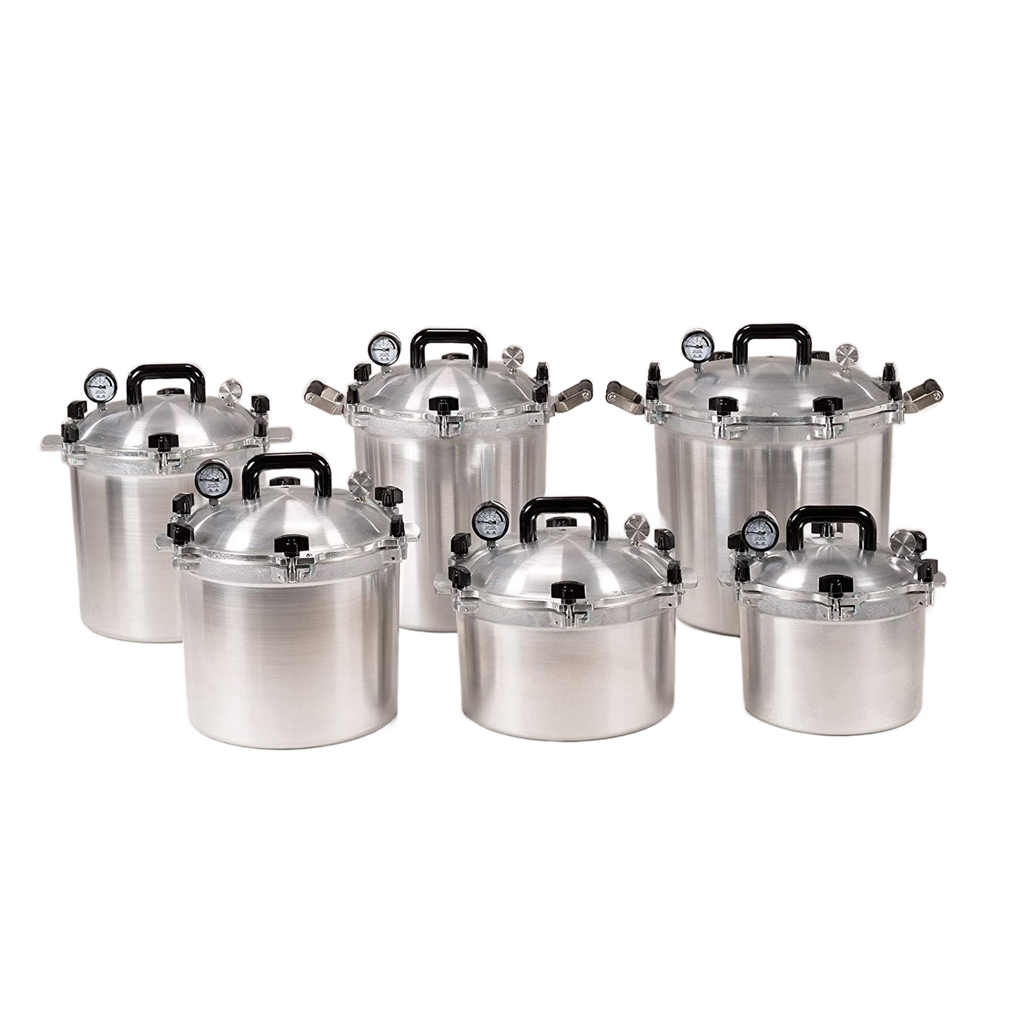 Set of six polished aluminum pressure canners with secure lids and pressure gauges from kitchenware collections
