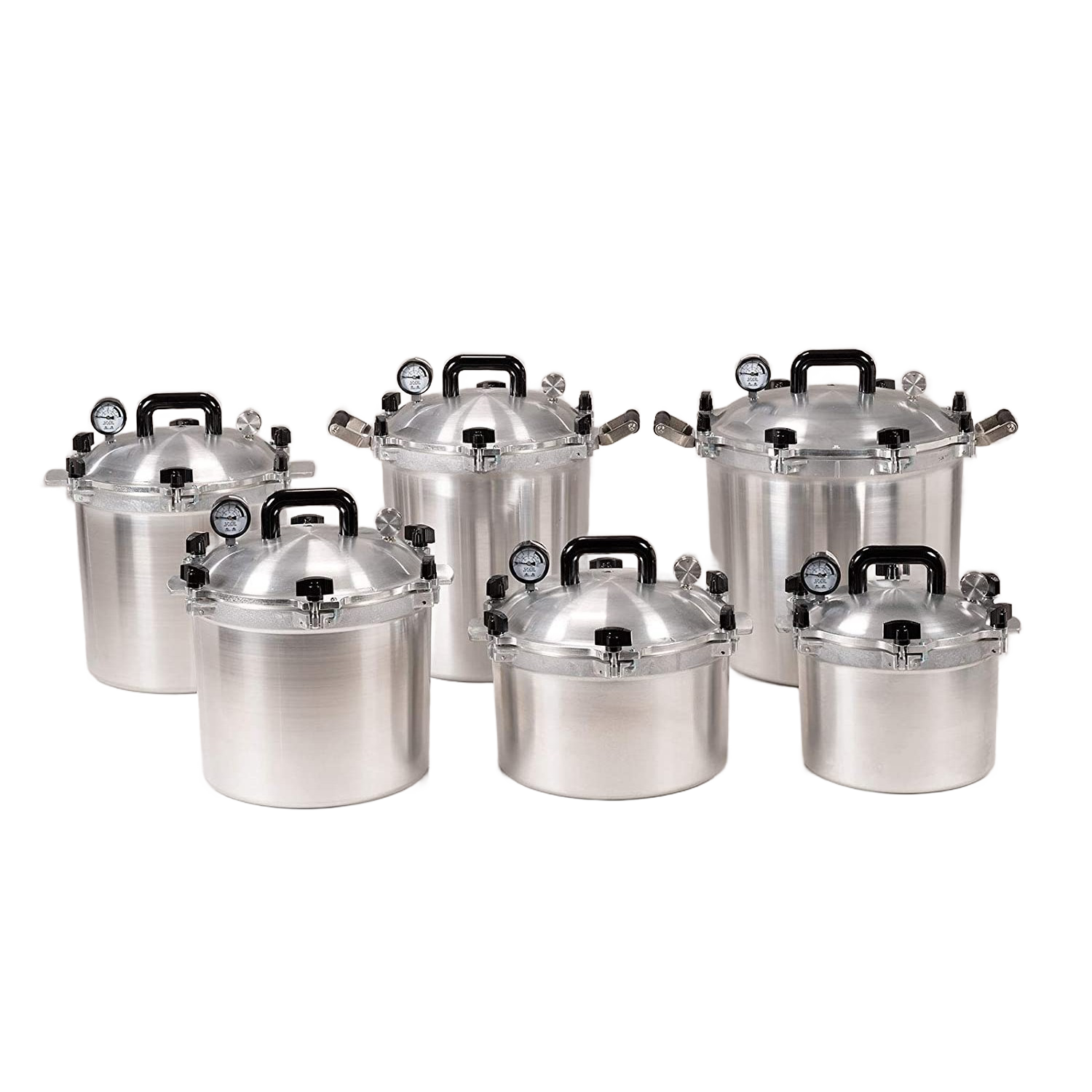 Set of six polished aluminum pressure canners with secure lids and pressure gauges from kitchenware collections