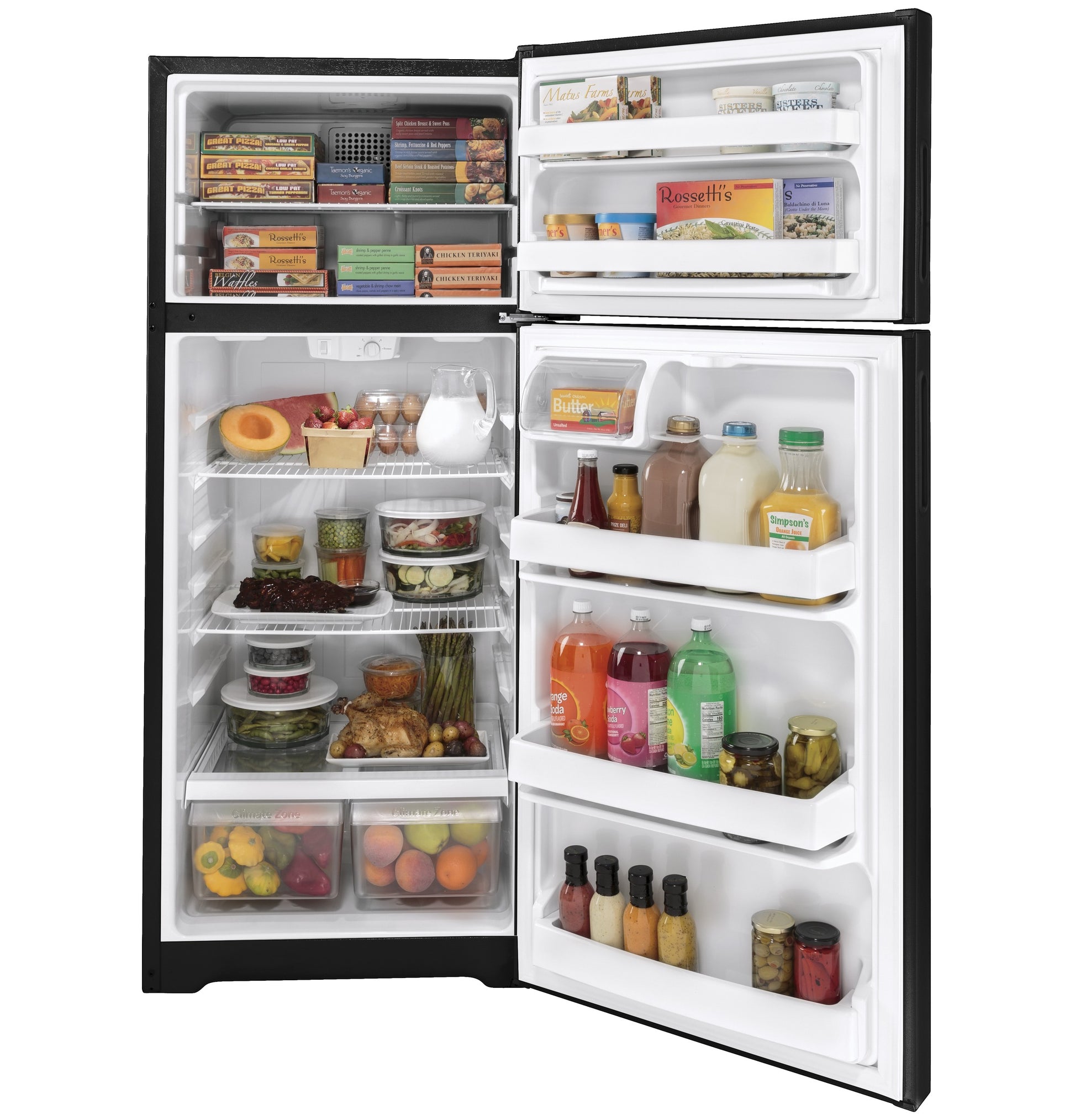 Open top-freezer refrigerator with recessed handles showing organized food and beverages in kitchen appliances collection