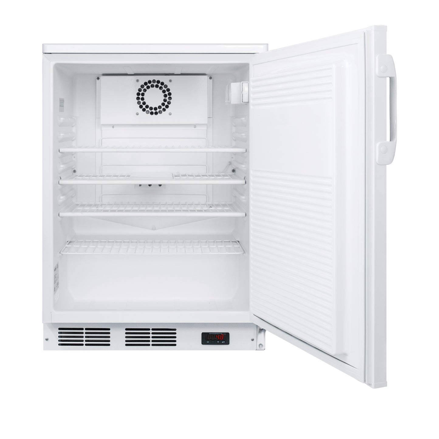 White freestanding 24-inch wide all-refrigerator with keyed lock, digital control, and adjustable shelves for kitchen use