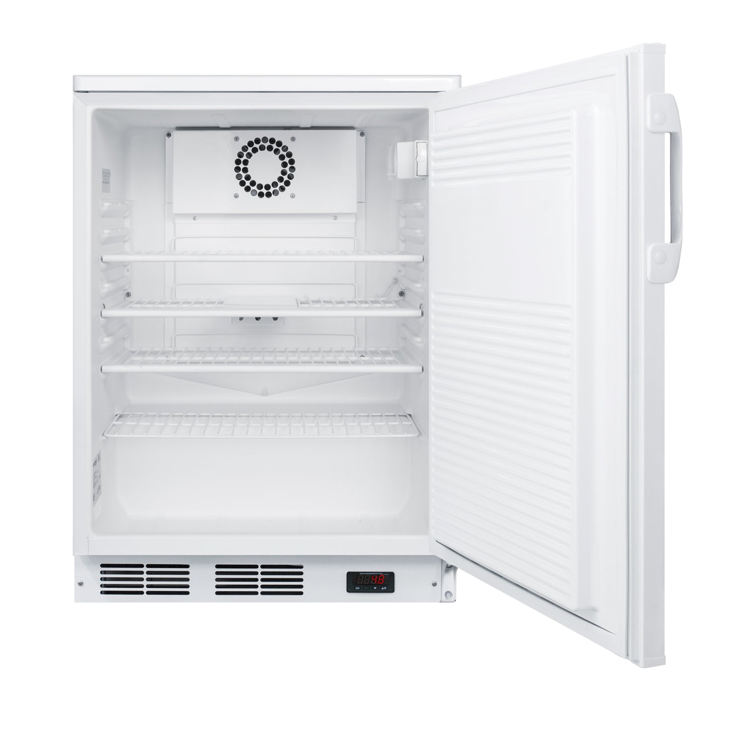 White freestanding 24-inch wide all-refrigerator with keyed lock, digital control, and adjustable shelves for kitchen use