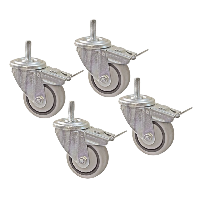Set of four 3-inch gray dual-locking casters with metal mounting stems for tools and home improvement projects
