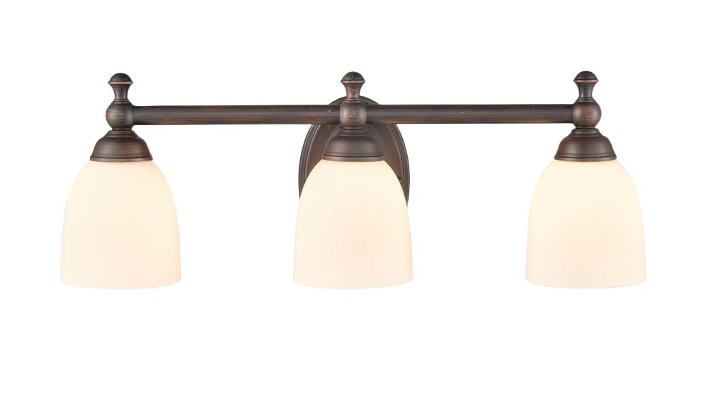 Bronze finished three-light vanity fixture with etched white glass shades for bathroom wall lighting and home improvement.