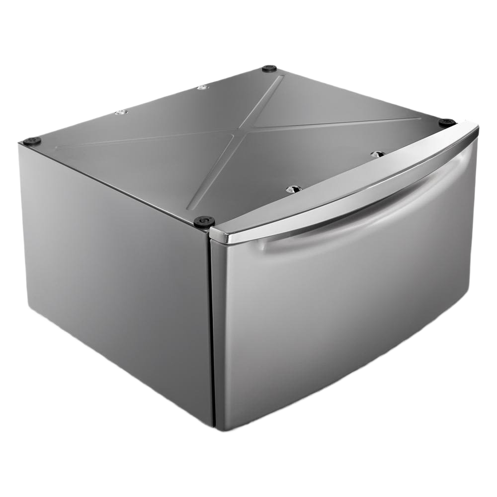 Stainless steel 15.5-inch pedestal with spacious storage drawer for front load washer and dryer accessories