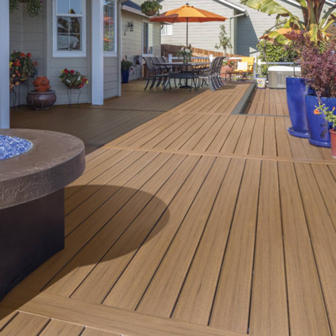 Outdoor deck with grooved coconut husk finish boards and modern seating area for home improvement projects