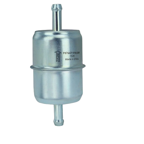 Silver metal inline fuel filter with top and bottom hose connectors for tools and home improvement use