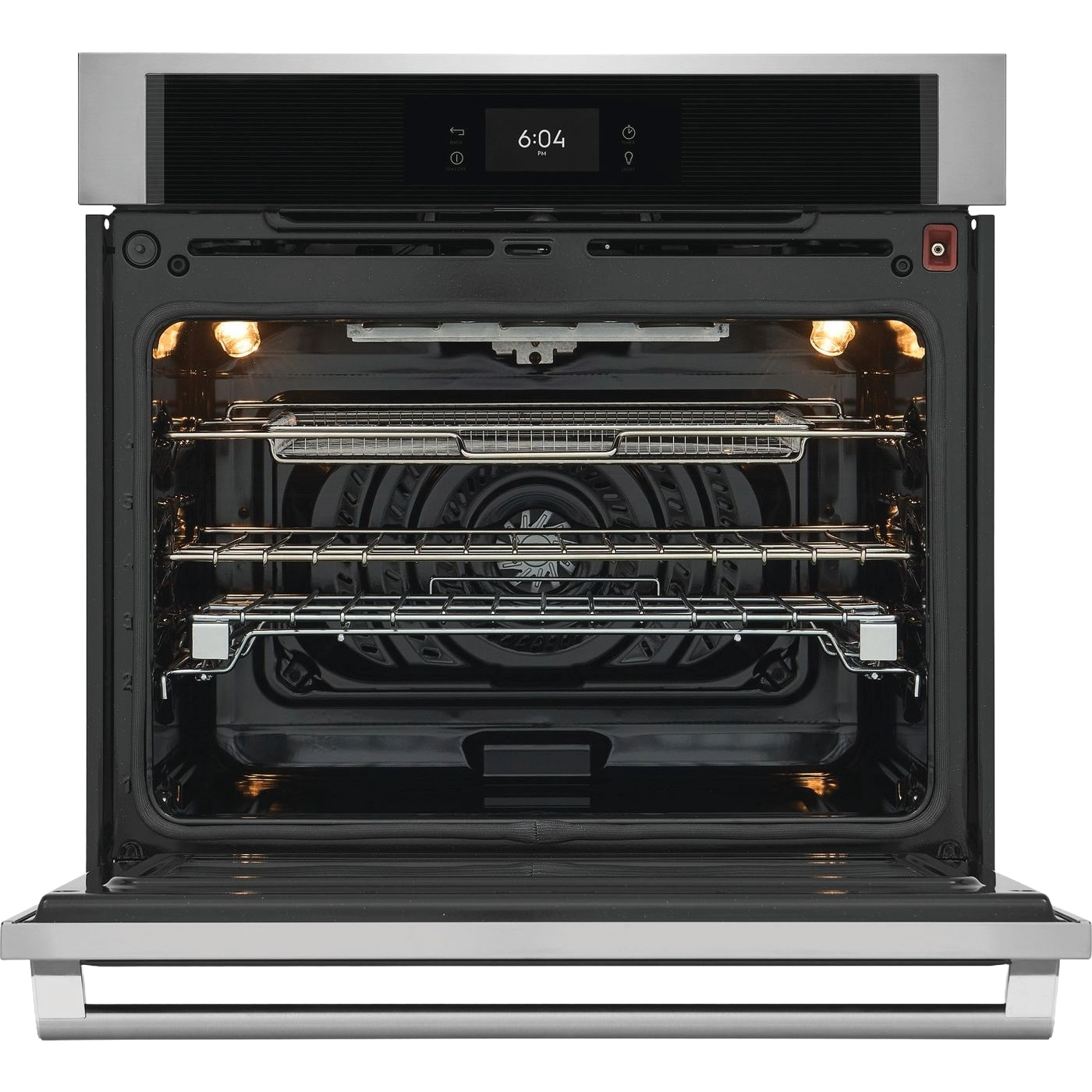 Electric single wall oven with stainless steel finish, digital display, and interior racks from kitchen appliances collection