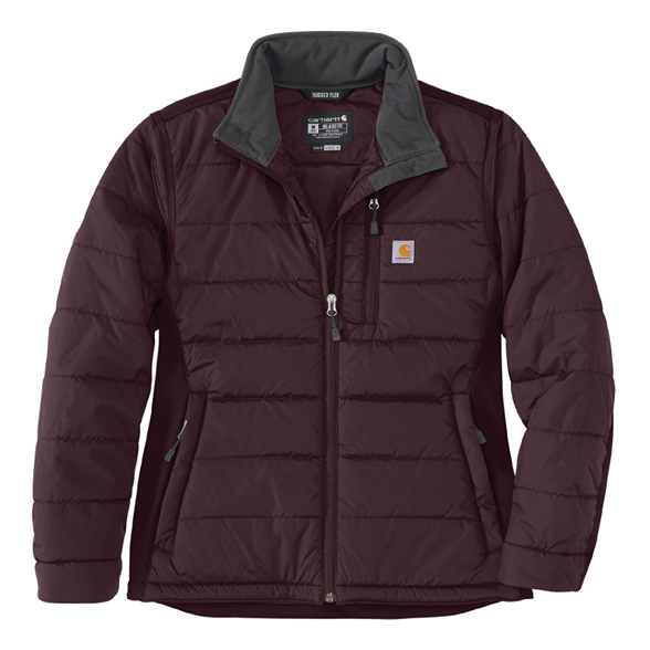 Women's insulated blackberry-colored jacket with full zipper and front pockets in outerwear clothing collection