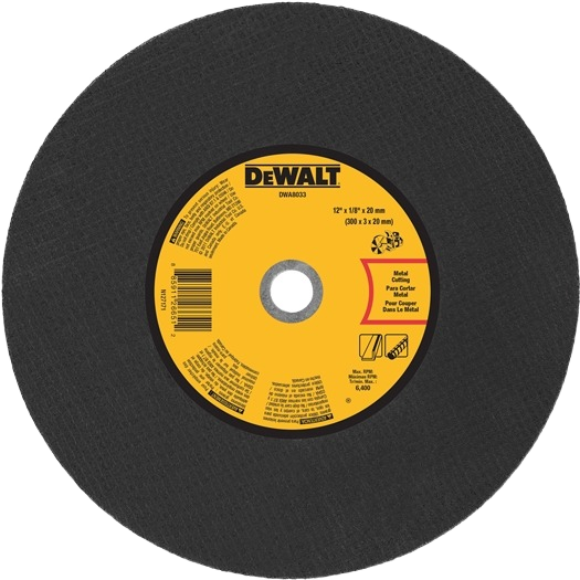 Black metal cut-off disc with a yellow center label for precision cutting in tools and home improvement projects