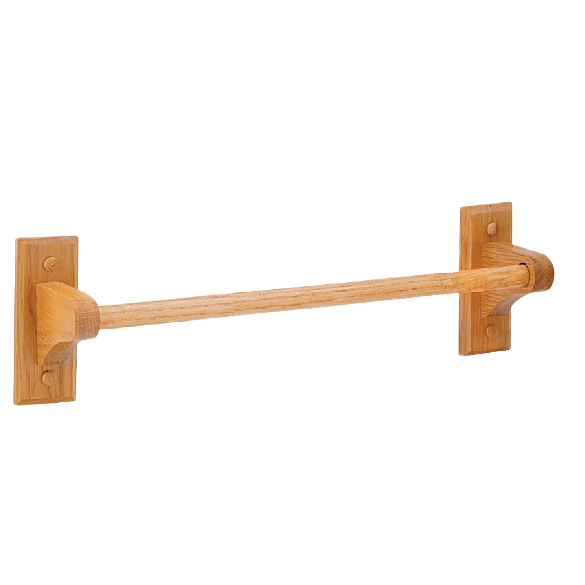 Wall-mounted oak towel bar with smooth finish and sturdy rectangular mounting brackets for home improvement use