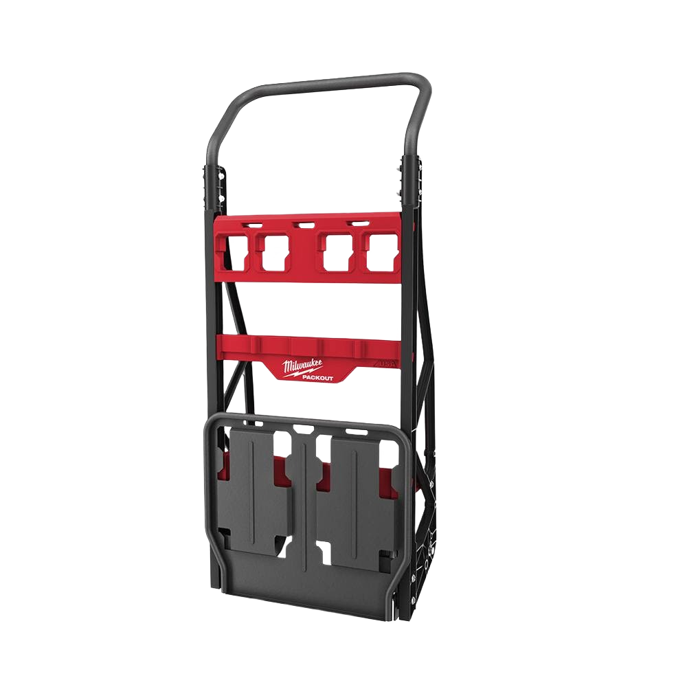 Red and black tool cart frame with multiple mounting slots for Milwaukee PACKOUT™ storage in workshop organization collections