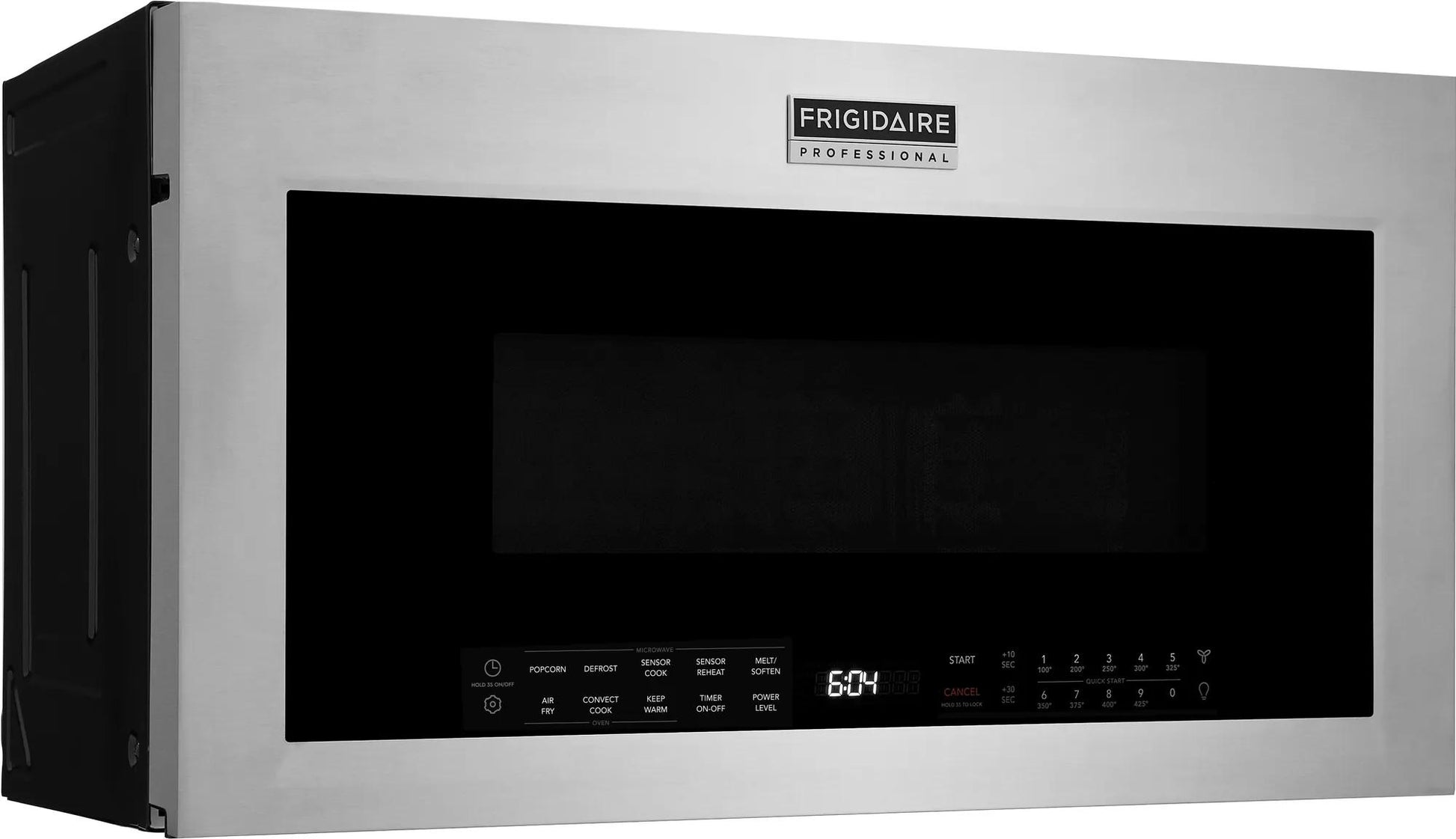 Stainless steel over-the-range microwave with digital touch controls and black tinted window for kitchen appliances.