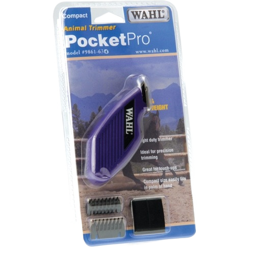 Compact Wahl Pocket Pro equine trimmer kit with purple clipper, comb attachments, and cleaning brush for precision grooming tasks
