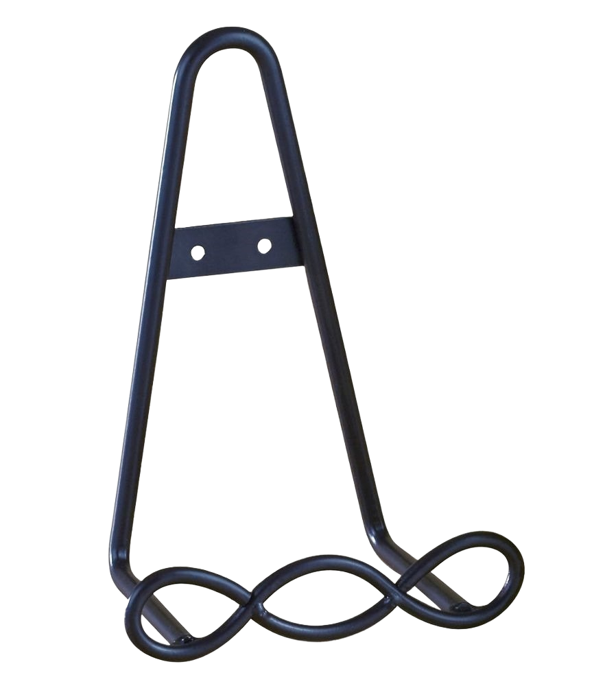 Dark brown metal wall rack with large loop design for displaying plates and artwork in home decor settings