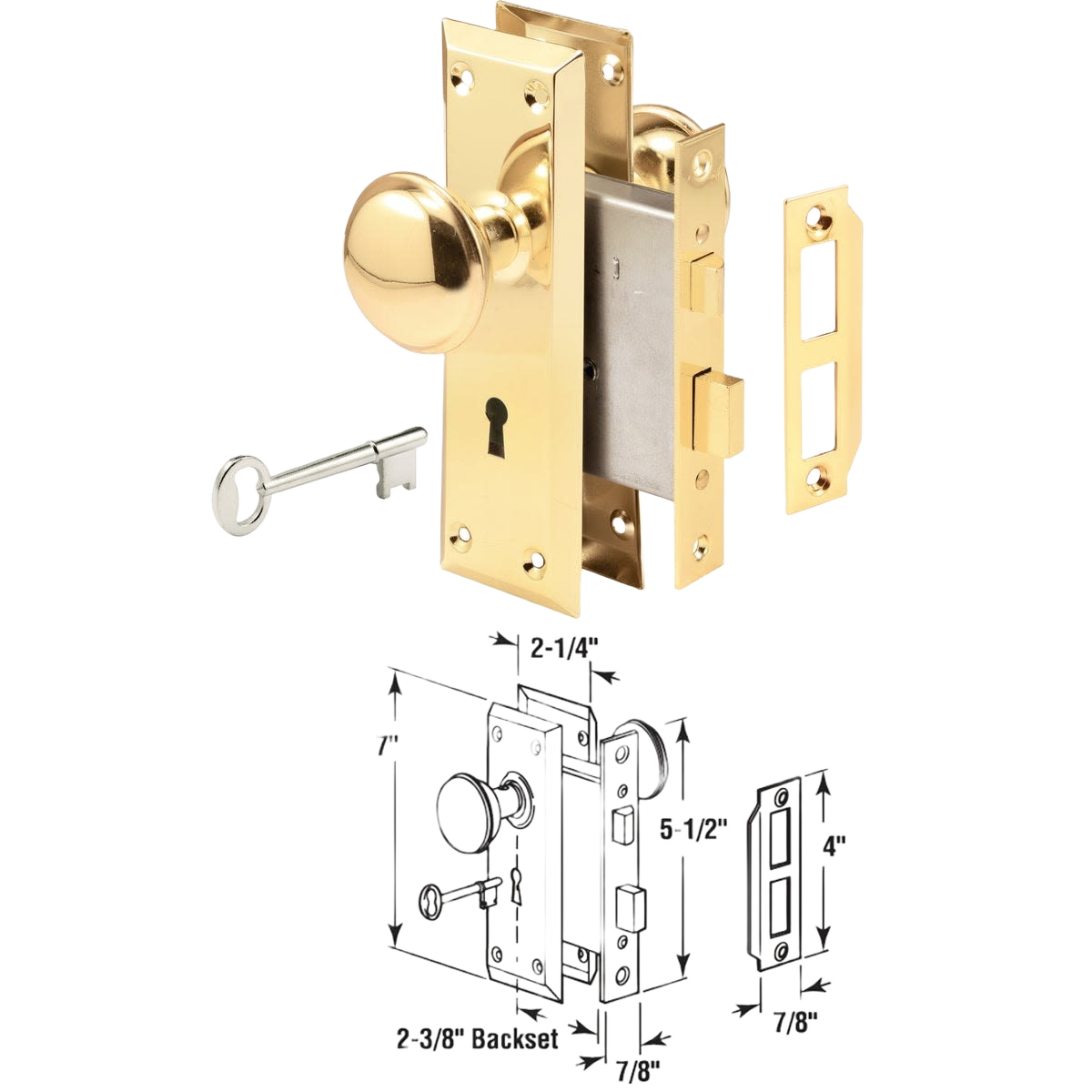 Brass finish bit key mortise lockset with knobs, keys, strike, and installation hardware in home improvement hardware collection