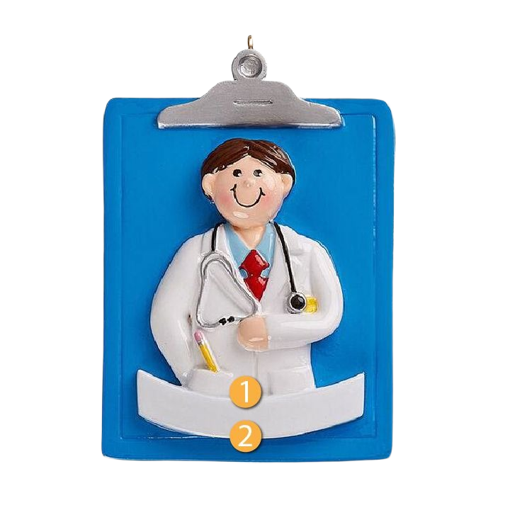 Blue clipboard ornament featuring a smiling male doctor with stethoscope for Christmas decor under $50 collection