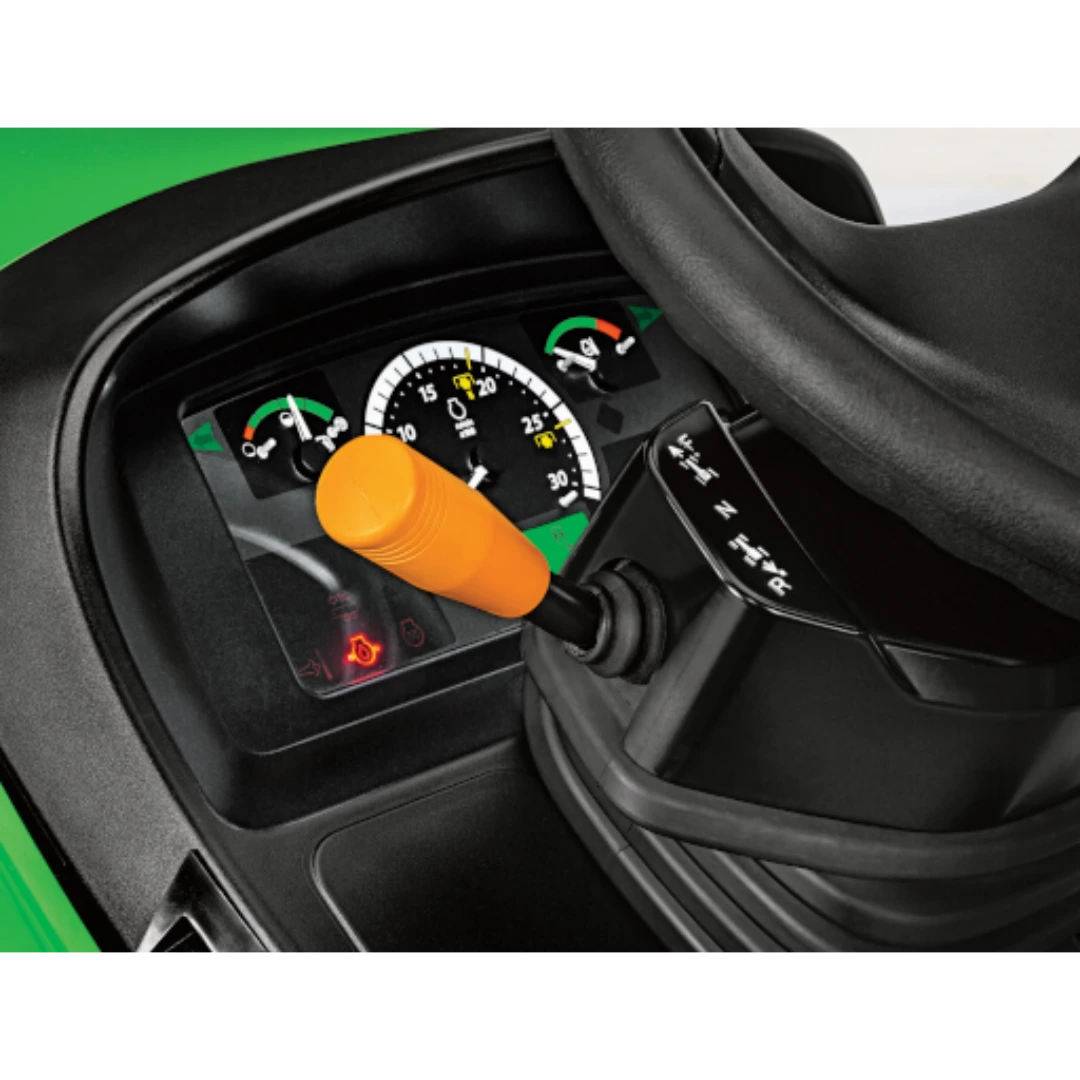 Close-up of control panel showing speedometer, fuel gauge, and bright orange shift lever on John Deere 4052M Compact Tractor in Outdoor Power Equipment at Hartville Hardware.