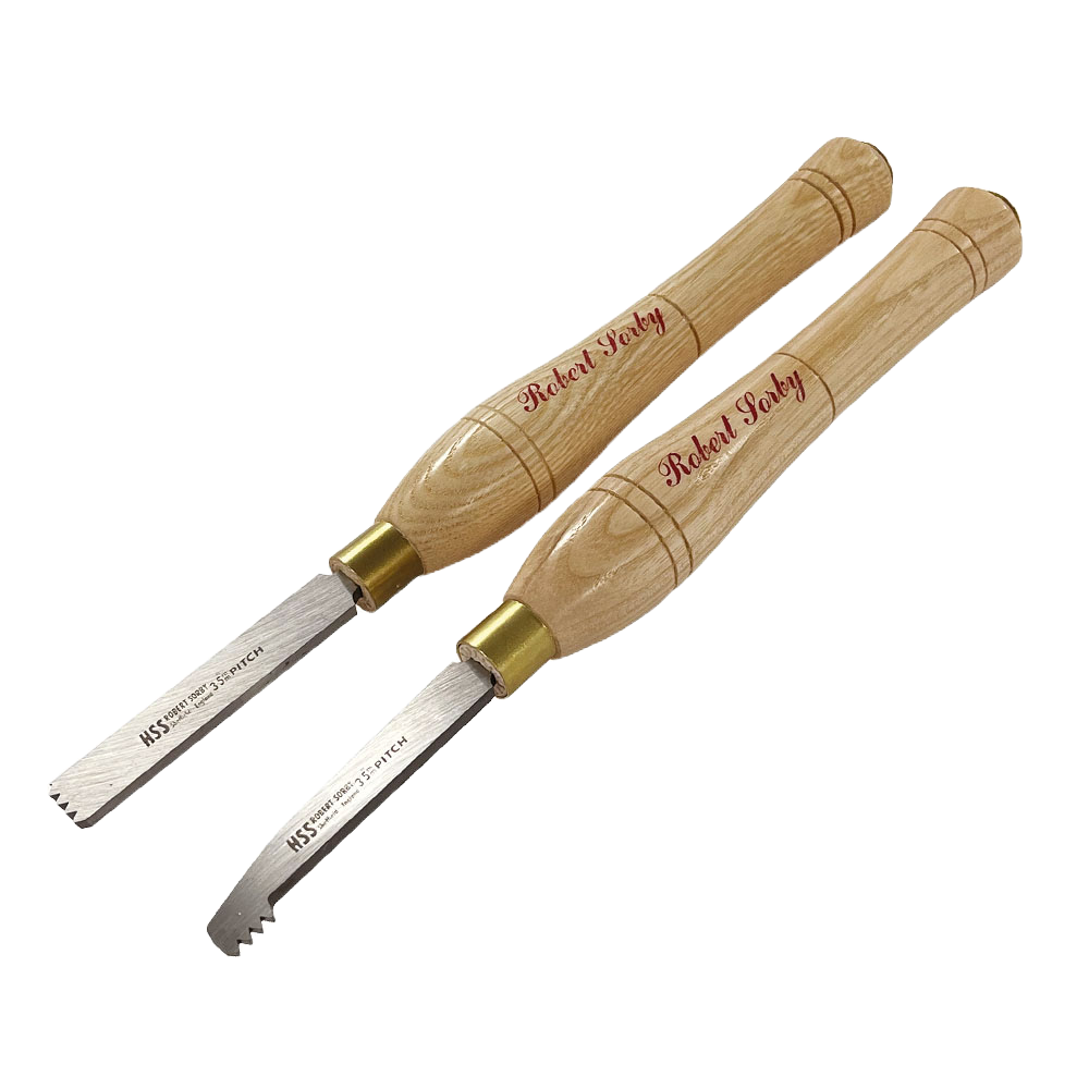 Pair of thread cutting tools with wooden handles and high-speed steel blades, part of woodworking tools collection