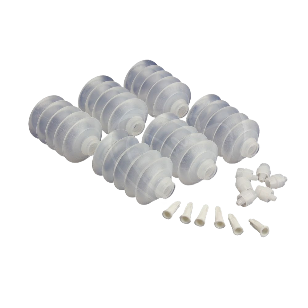 Set of six translucent squeeze bottles with white dispensing tips for tools and home improvement use