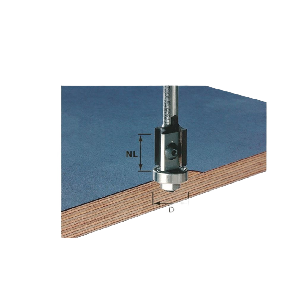 Flush trim router bit cutting the edge of a wood panel with a bearing guide for precision in woodworking tools collection