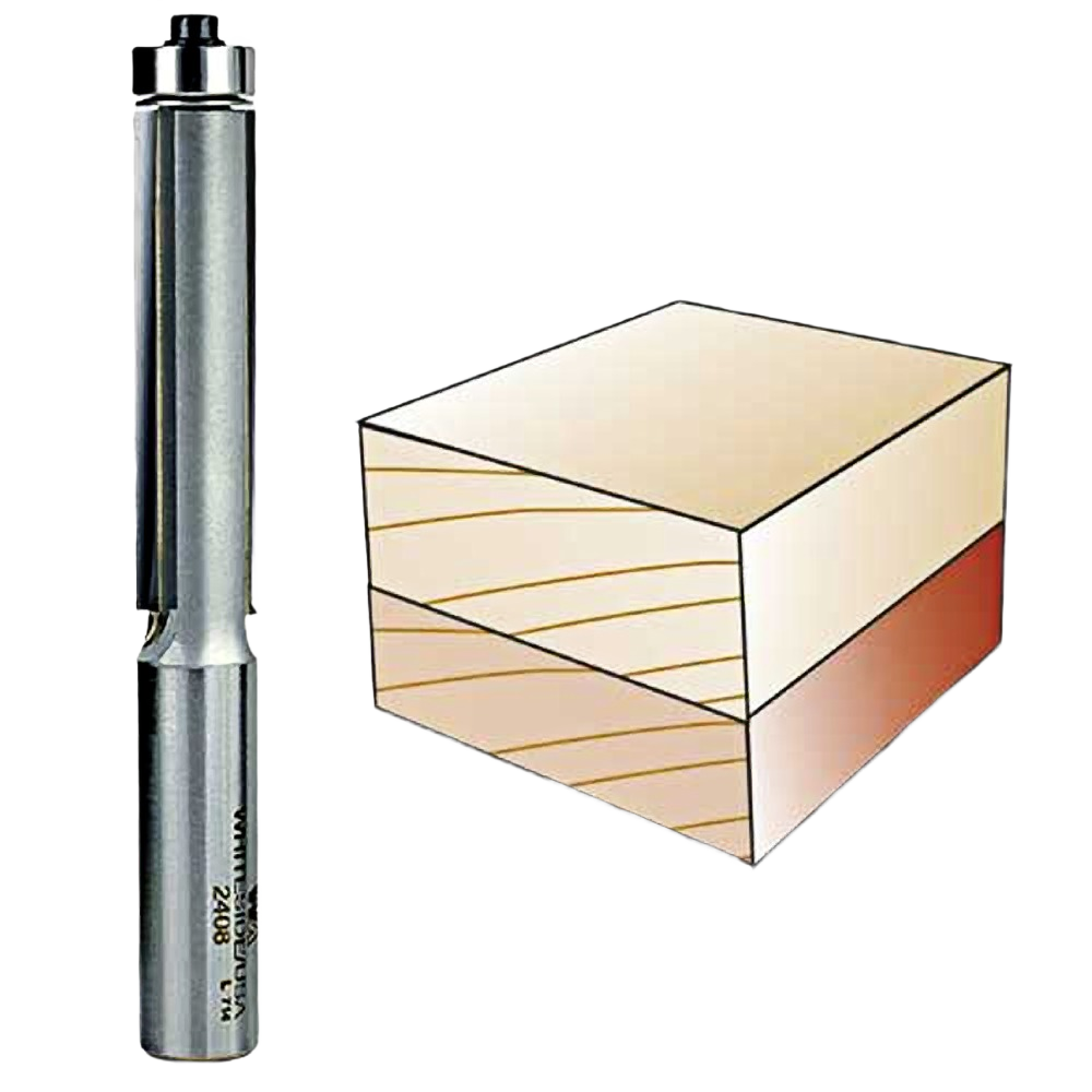 Close-up of Whiteside flush trim router bit with bearing guide, shown alongside wood block for precise trimming in tool accessories collection