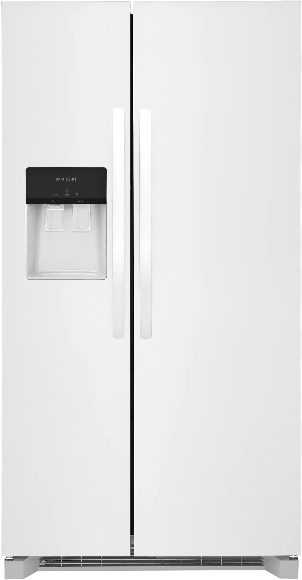 White side-by-side refrigerator featuring built-in water and ice dispenser for kitchen appliances and home improvement