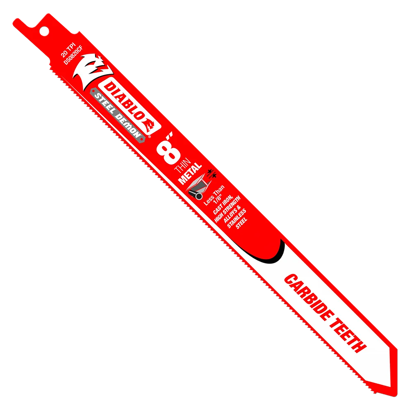 Red Diablo 8-inch metal cutting saw blade with carbide teeth in power tool accessories for home improvement projects