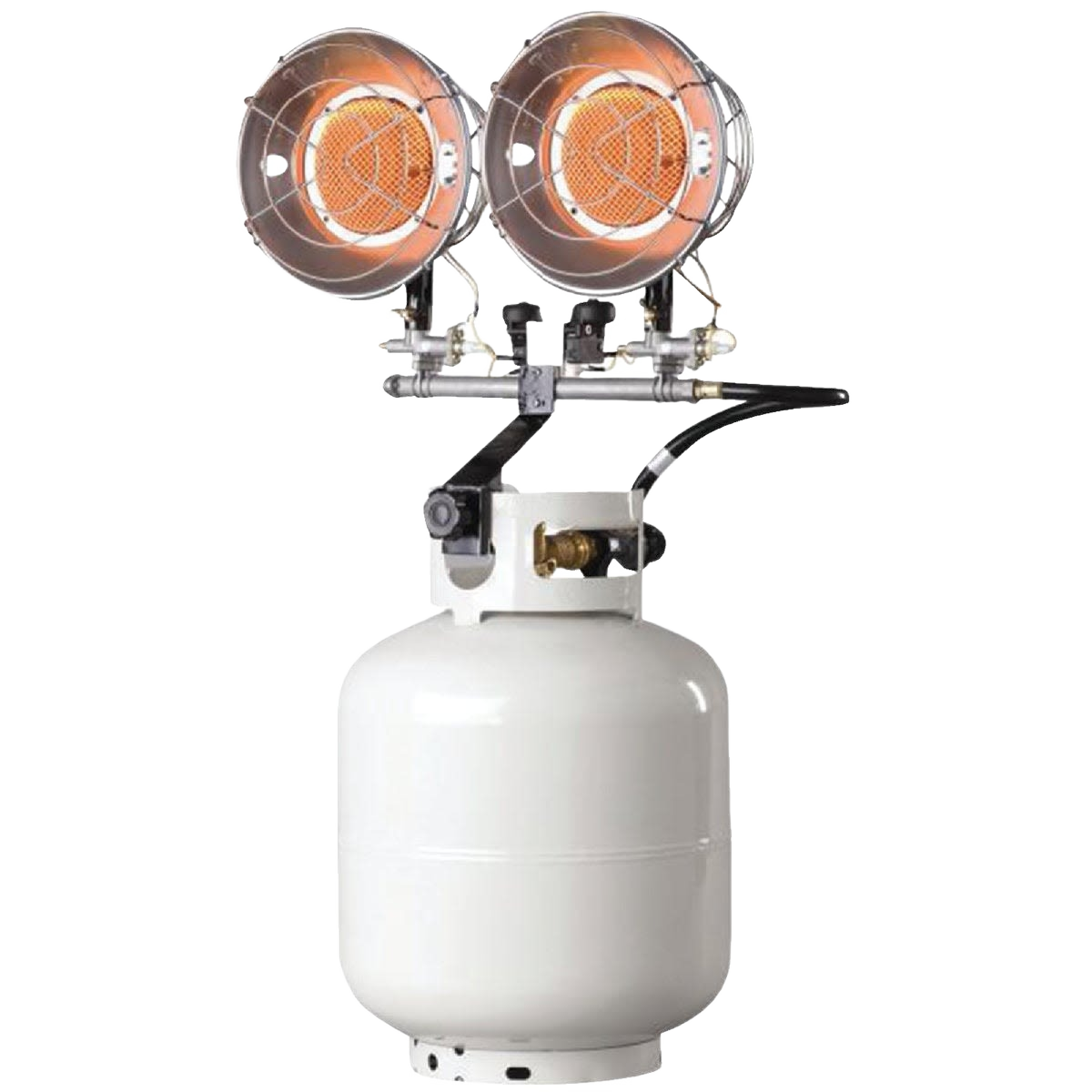 White propane tank with dual radiant heaters mounted on top for outdoor heating in home improvement collections