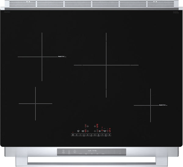 black glass induction cooktop with four cooking zones and digital touch controls in kitchen appliances collection