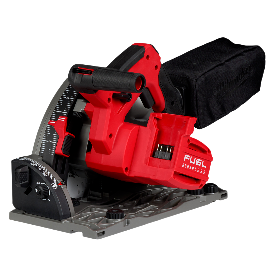 Cordless red and black plunge track saw with dust collection bag for woodworking and power tools use