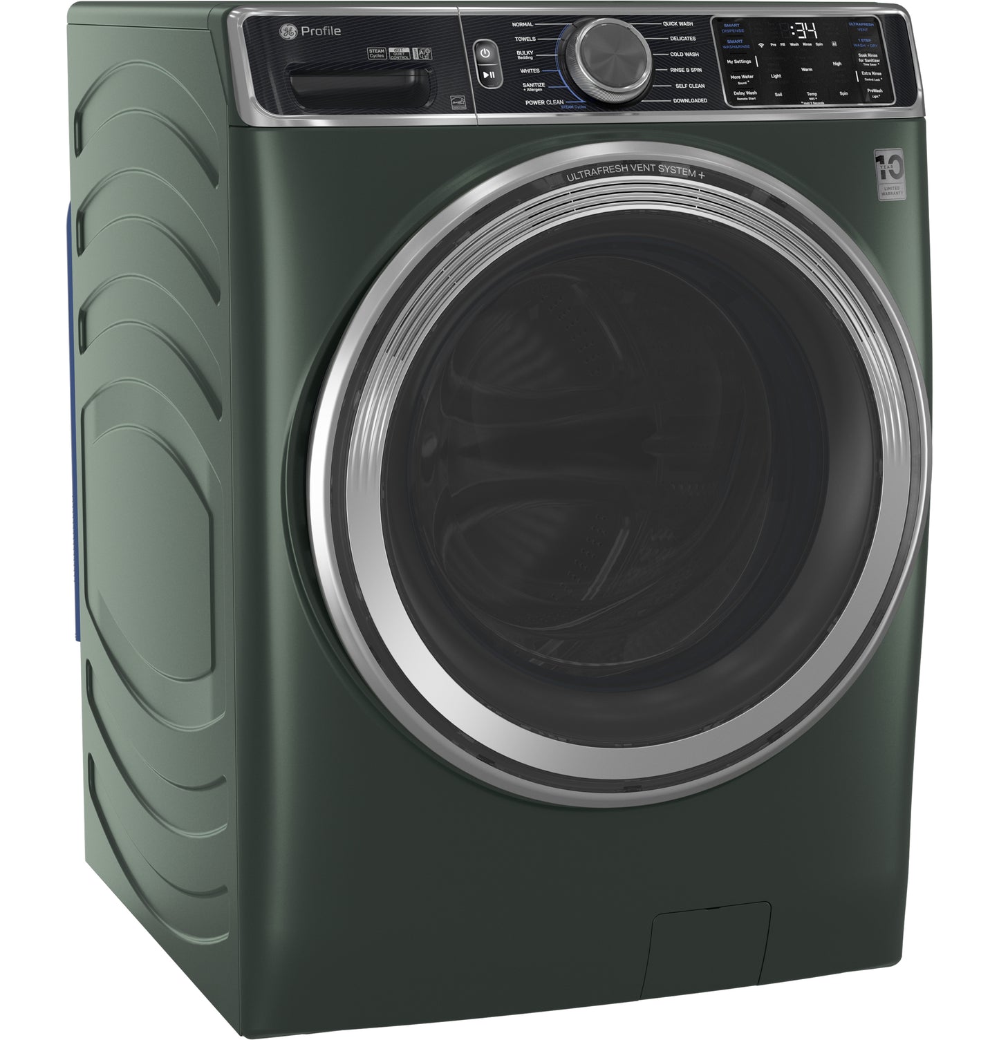 Dark green smart front load washer with large circular door, digital controls, and UltraFresh Vent System for washers collection.